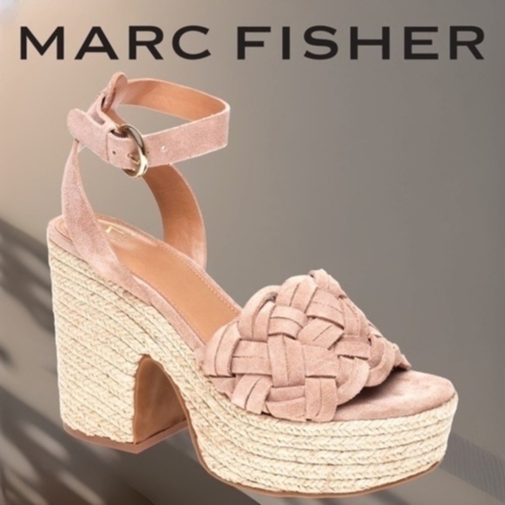 MARC FISHER Odilia Leather Upper Jute-Wrapped Platform Espadrille Wedge Sandals